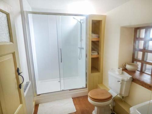 a bathroom with a toilet and a glass shower at Tyn Llwyn in Dolgellau