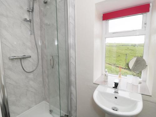 La salle de bains blanche est pourvue d'un lavabo et d'une douche. dans l'établissement Paddock House, à Ashbourne