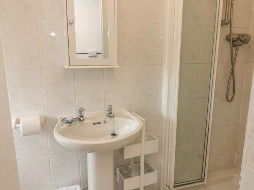 a bathroom with a sink and a shower at Wren Cottage in Ilfracombe