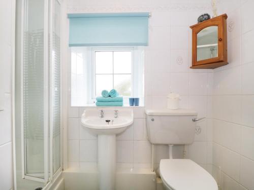 a bathroom with a toilet and a sink and a window at Nightingale Cottage in Threlkeld
