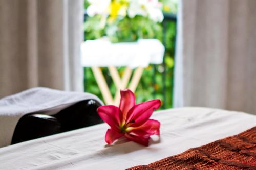 a pink flower sitting on top of a table at The Royal Cancun All Suites Resort in Cancún