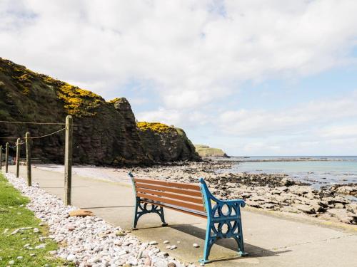 a blue bench sitting on a sidewalk near the beach at St Magnus Haven in Pennan