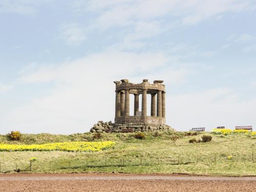 a stone monument on a hill with yellow flowers at Dunnottar Woods House in Stonehaven