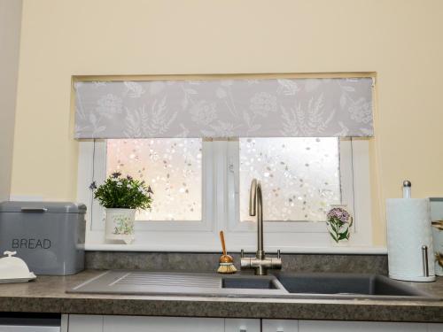 um lavatório de cozinha com uma janela com um lavatório de cozinha em Woodpecker Lodge em High Ham