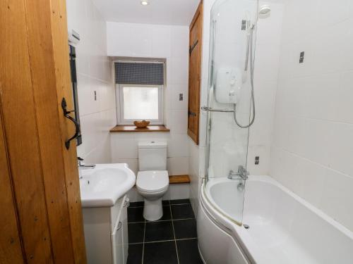 uma casa de banho com uma banheira, um WC e um lavatório. em Dinas em Pwllheli