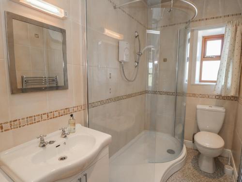 een badkamer met een wastafel, een douche en een toilet bij Carr House in Balderstone