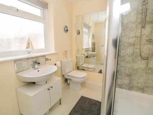 a bathroom with a toilet sink and a shower at Salee Cottage in Newbiggin-by-the-Sea