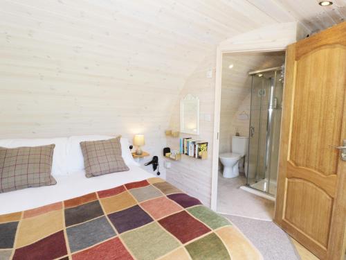 a bedroom with a large bed and a bathroom at Idris Pod in Tremeirchion