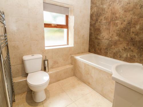 a bathroom with a toilet and a tub and a sink at Y Deri Cottage in Llandwrog