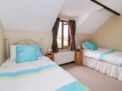 a bedroom with two beds and a window at Cedar Cottage in Llanidloes