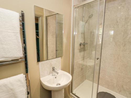 a bathroom with a sink and a shower at Providence Cottage in Easingwold