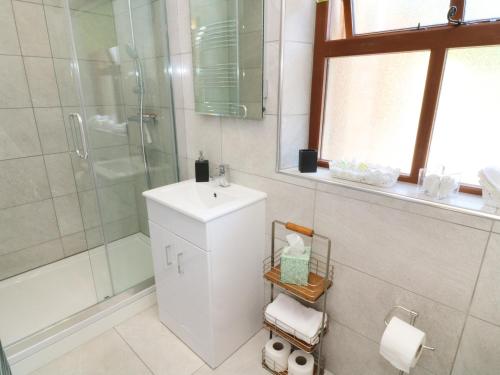 een badkamer met een douche, een wastafel en een spiegel bij Sunnybrook Cottage in Clitheroe