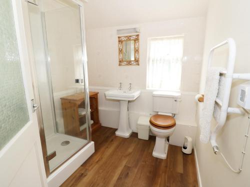 a bathroom with a toilet and a sink and a shower at The Cottage in Pershore