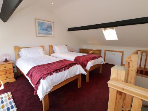 2 Betten in einem Zimmer mit rotem Teppich in der Unterkunft Fellview in Glenridding