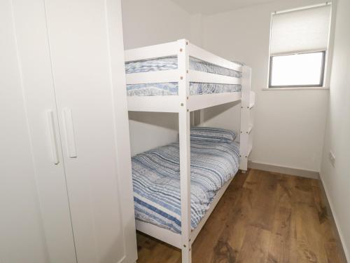 a bedroom with two bunk beds and a window at Swan Lodge Castle Farm in Wedmore