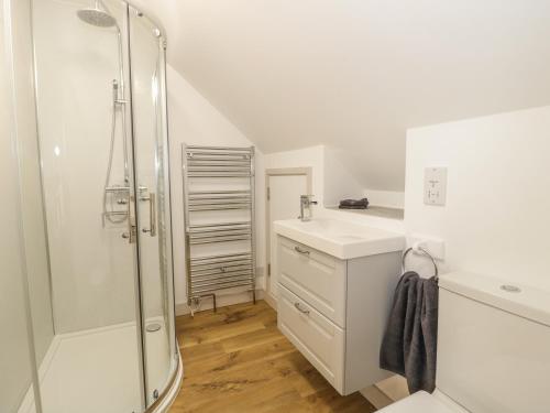 a white bathroom with a shower and a sink at Swan Lodge Castle Farm in Wedmore