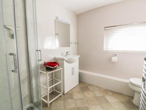 a bathroom with a sink and a toilet and a mirror at Stable Cottage in Sudbury
