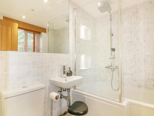 uma casa de banho com um lavatório, um WC e um chuveiro em Crift Farm Cottage em Bodmin