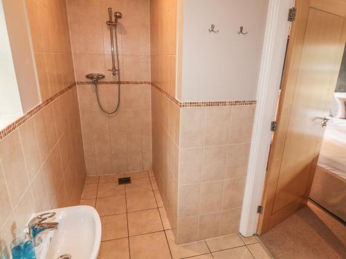 a bathroom with a shower and a sink at Farley in Matlock
