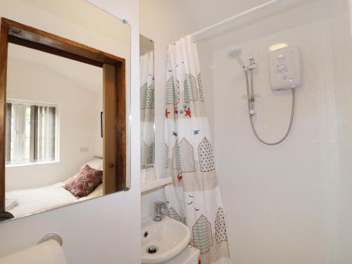 a bathroom with a sink and a shower curtain at Kissingate in Mansfield