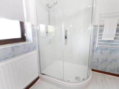 a shower with a glass door in a bathroom at Garth Cottage in Denbigh