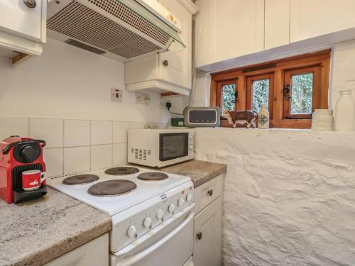 a kitchen with a white stove and a microwave at Happy Cow in Coleford