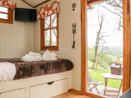 a bedroom with a bed and a window with a view at Little Silver Owl in High Bickington