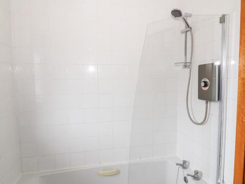 a bathroom with a shower and a tub at Kestrel Lodge in Beeswing