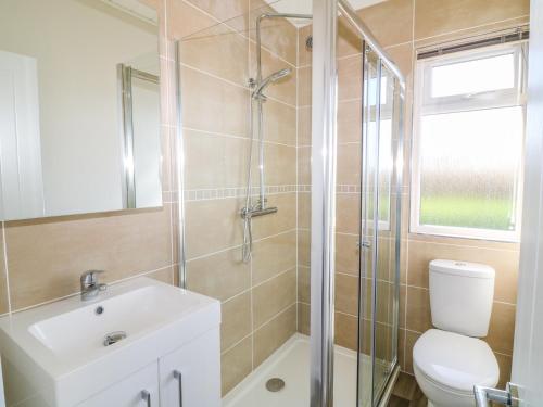 a bathroom with a toilet and a sink and a shower at Ash Lodge in Newton Abbot