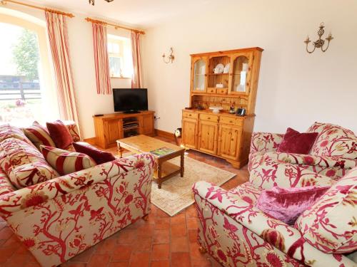 a living room with two couches and a television at Owl's Roost in Alford