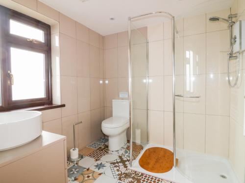a bathroom with a toilet and a glass shower at Little May in Newquay
