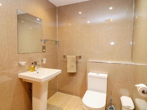 a bathroom with a sink and a toilet and a mirror at Oak Apple in Newton Abbot