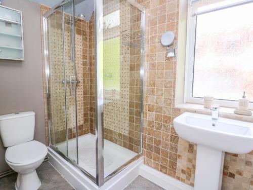 a bathroom with a shower and a toilet and a sink at River Cottage in Port Talbot