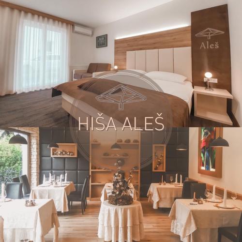 um quarto de hotel com duas mesas e uma cama e um restaurante em Hiša Aleš em Kranj