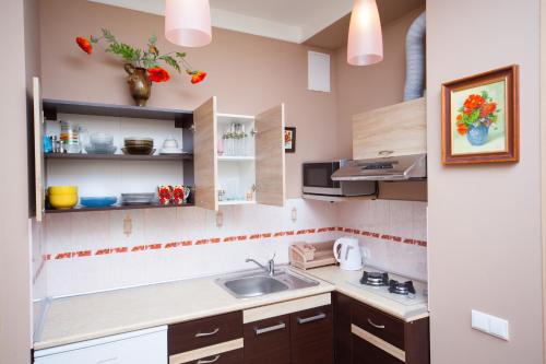 A kitchen or kitchenette at Apartments Amber Riga