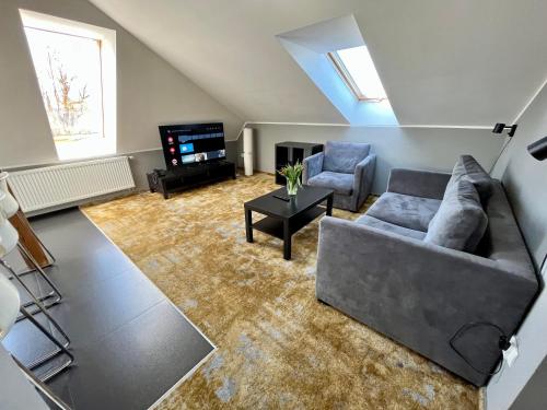 ein Wohnzimmer mit Sofa und Fernseher in der Unterkunft Malta Premium in Posen