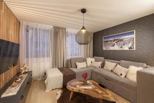 een woonkamer met een bank en een tafel bij Savoy Exclusive Mountain Apartment in Špindlerův Mlýn