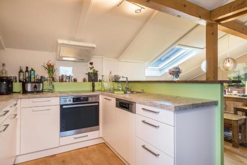 a kitchen with white cabinets and green walls at Luxuriöses Penthouse-appartement in Höchst