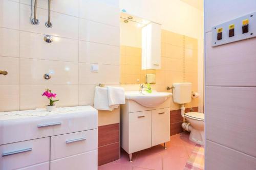 uma casa de banho com um lavatório, um WC e um espelho. em Apartment in Privlaka near the sea em Privlaka