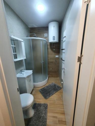 a small bathroom with a shower and a toilet at Proximus in Sremska Mitrovica
