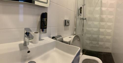 a bathroom with a white sink and a toilet at Hotel De Looier in Amsterdam