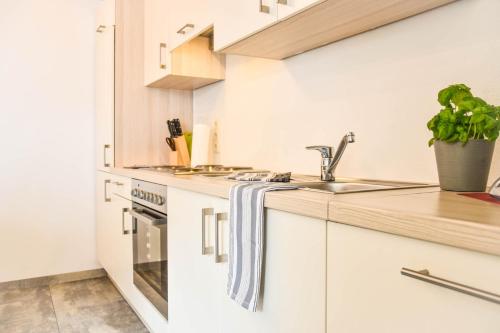 a kitchen with white cabinets and a sink at Haus Franzi in Steeg