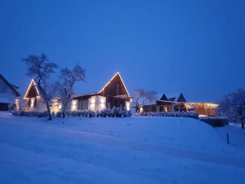 a house covered in christmas lights in the snow at Wohlfühloase am Trausdorfberg mit Sauna, Whirlpool und Panorama in Sankt Marein bei Graz