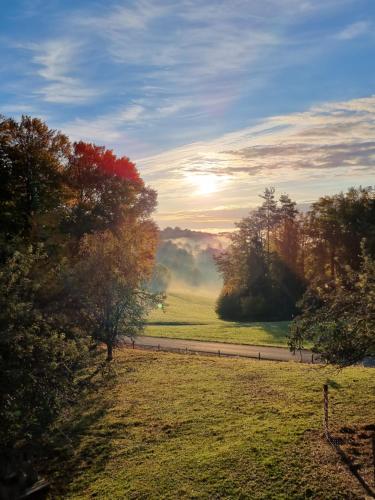 an autumn view of a field with the sun in the background at Wohlfühloase am Trausdorfberg mit Sauna, Whirlpool und Panorama in Sankt Marein bei Graz