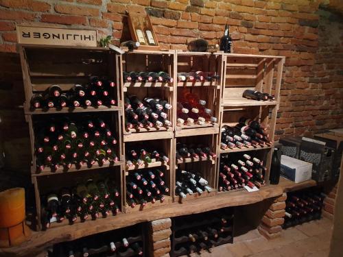 a shelf filled with lots of bottles of wine at Wohlfühloase am Trausdorfberg mit Sauna, Whirlpool und Panorama in Sankt Marein bei Graz