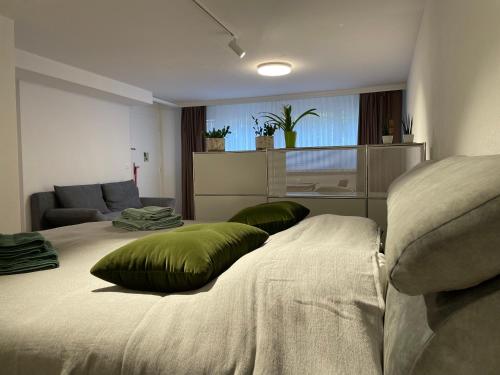 Un dormitorio con una cama con almohadas verdes. en Studio Gocki, en Zúrich