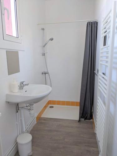 une salle de bain blanche avec un lavabo et une douche dans l'établissement T2 42 m² en Centre-ville de Cambo-les-Bains, à Cambo-les-Bains