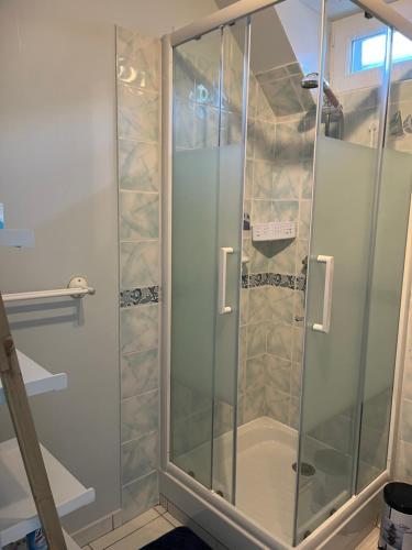a shower with glass doors in a bathroom at La Rose des Mers in Tréffiagat