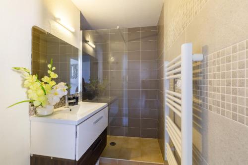 une salle de bain avec un lavabo et un miroir dans l'établissement Le Sakharov, à Fréjus