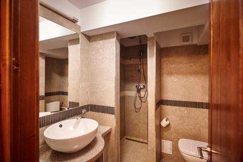 a bathroom with a sink and a shower at Hotel & Restaurant Sofia in Suceviţa